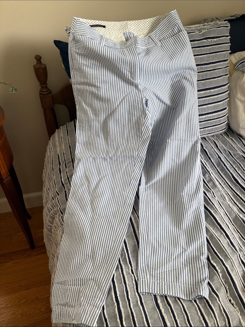 Light Blue and White Seersucker Striped Pants